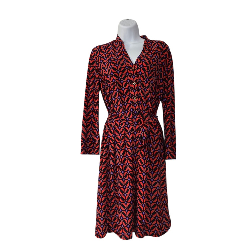 Donna Morgan Womens Midi Dress Red 6 V Neck Geometric Long Sleeve Button Belted